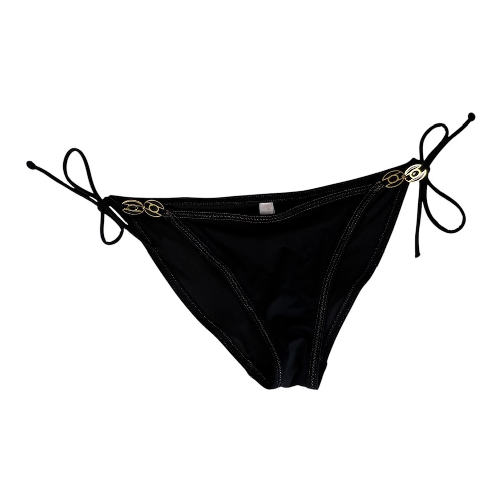 Victoria's Secret 2007 Y2K Black Tie Side Bikini Bottom Gold Logo Hardware